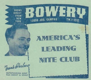 The Bowery Nightclub brochure. Frank Barbero, owner.