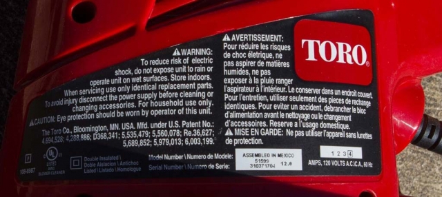 Toro Ultra-Blower Vac - Label with model and serial number