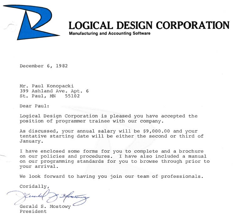 1982 - Logical Design Corporation - Job offer letter