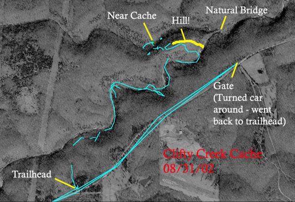 2002 - Hunt for Clifty Creek geocache. Broken aqua tracks is me going through woods and losing satellite connectivity. The natural bridge is a definite highlight of the hike.