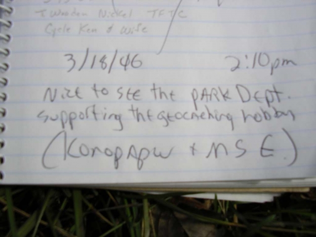2006 - Hunting geocaches at Rotary Park in Wentzville, Missouri. Comment I wrote in the logbook.