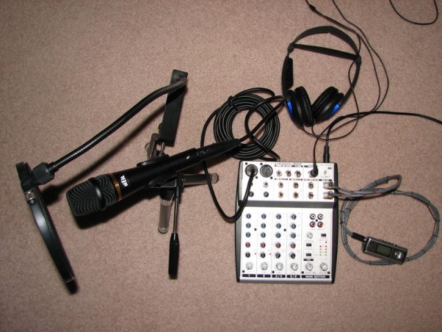 Equipment used to record narration for the SLAGA geocaching podcast. Heil PR20 microphone: Eurorack mixer.