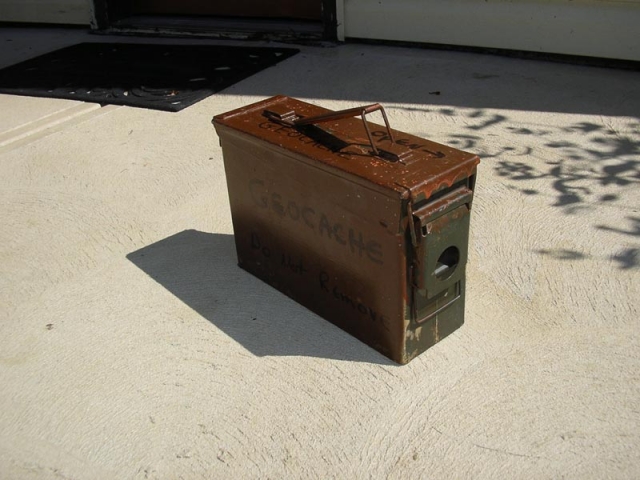 Example of geocache container. An ammo box is good for the deep woods because it will not crack like a piece of tupperware and is airtight.
