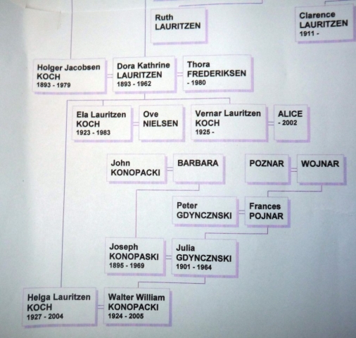 A genealogy wall chart showing some of my ancestors.  Printed from genealogy software.