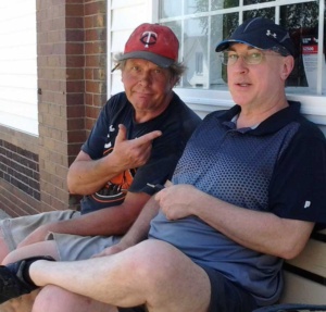June 1, 2018 - Scott Esbeck and me chatting on bench in Kimballton, Iowa
