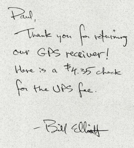 2002 - Note from Bill Elliott, geologist, for returning his GPS receiver I found in a rock crevice while looking for a geocache. It contained important coordinates of cave locations.