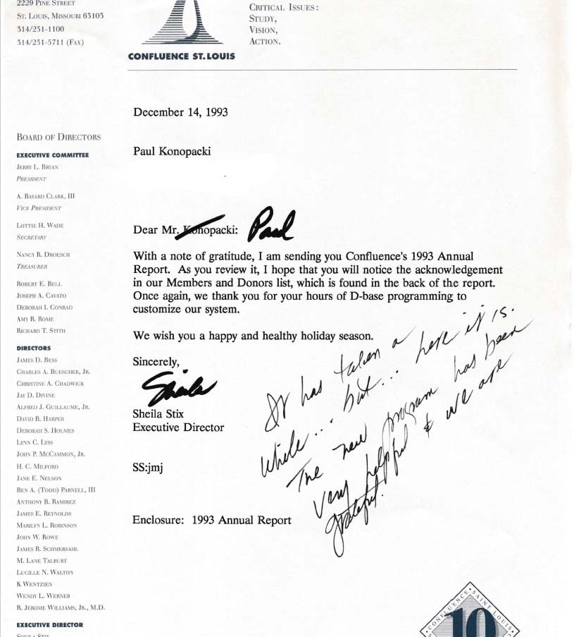 1993 - Note from Sheila Stix regarding my rewrite of the membership database