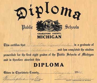 1940 - 8th grade diploma from Curfew School, Charlevoix County, Michigan