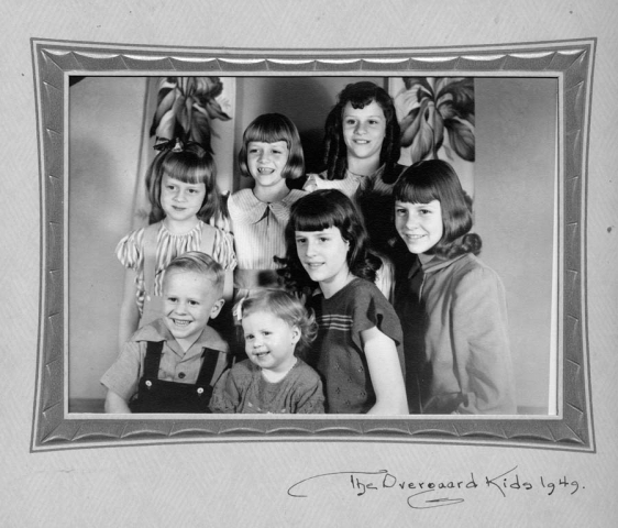 All seven Overgaard children. Counter-clockwise from 3 o'clock: Annette (Kimballton), Ardis (Kansas City), Elsa (Colorado), Eva (passed away), Egon (Minnesota), Ebba (Omaha), Karma (Elk Horn).