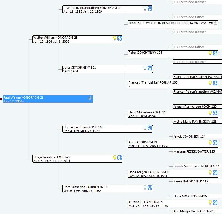 Family tree screen in Roots Magic for navigating around database