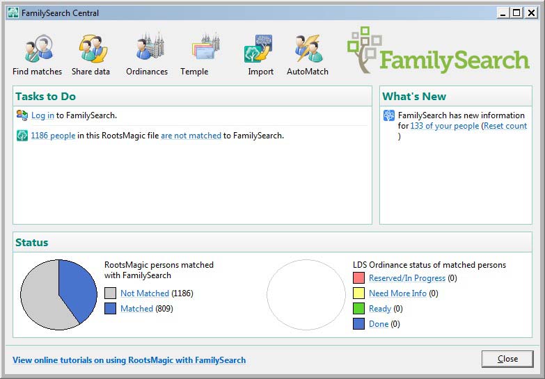 Family Search interface feature of Roots Magic genealogy software