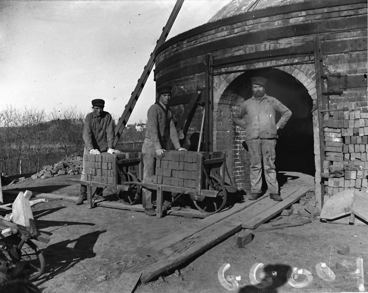 1920s? - Kimballton, Iowa brickyard. Niels Overgaard, Holger and Hans Koch making bricks at the kiln.