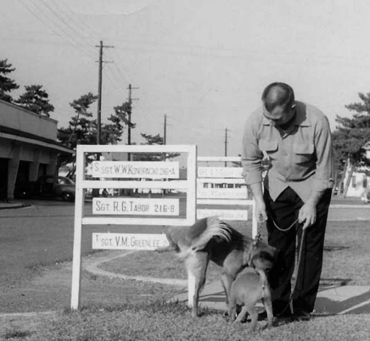 1955 - Walt with Puppy and Fuji - Hamadera, Japan