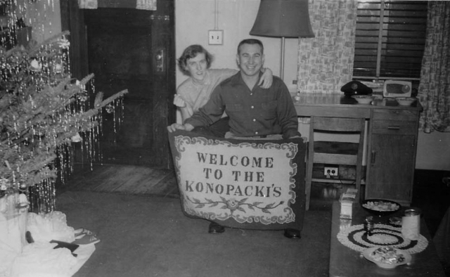 1955 - Christmas in Japan - Helga and Walt with welcome mat