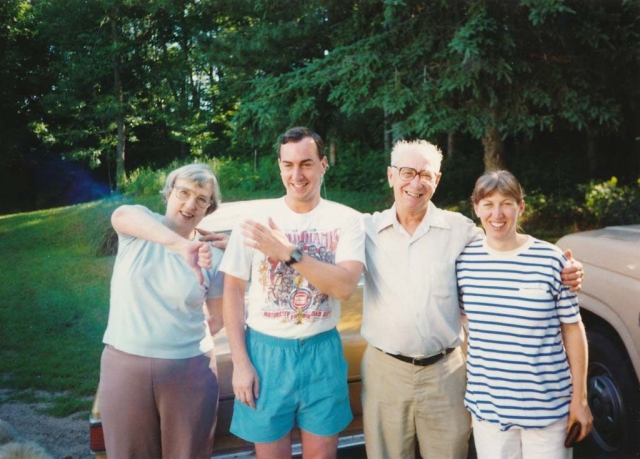 mid - 1980s.  Helga, Paul, Walt, Barb Konopacki.  Driveway of house near Luck, Wisconsin.