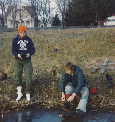 1980 - Paul and Barb putting on skates at north shore of Little Butternut Lake.