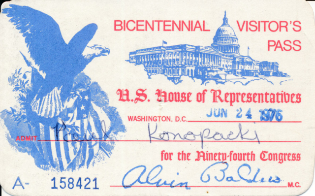 1976 Bicentennial Heritage Tour - U.S. House of Rep. visitor pass