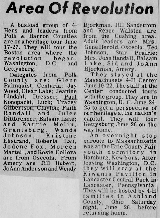 1976 Bicentennial Heritage Tour - Newspaper Article