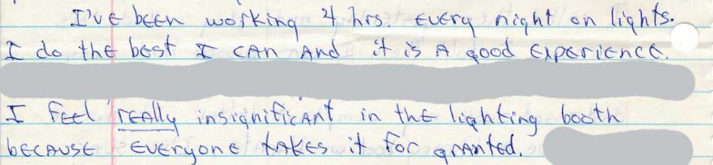 Part of a letter to my mom about my work with the lighting