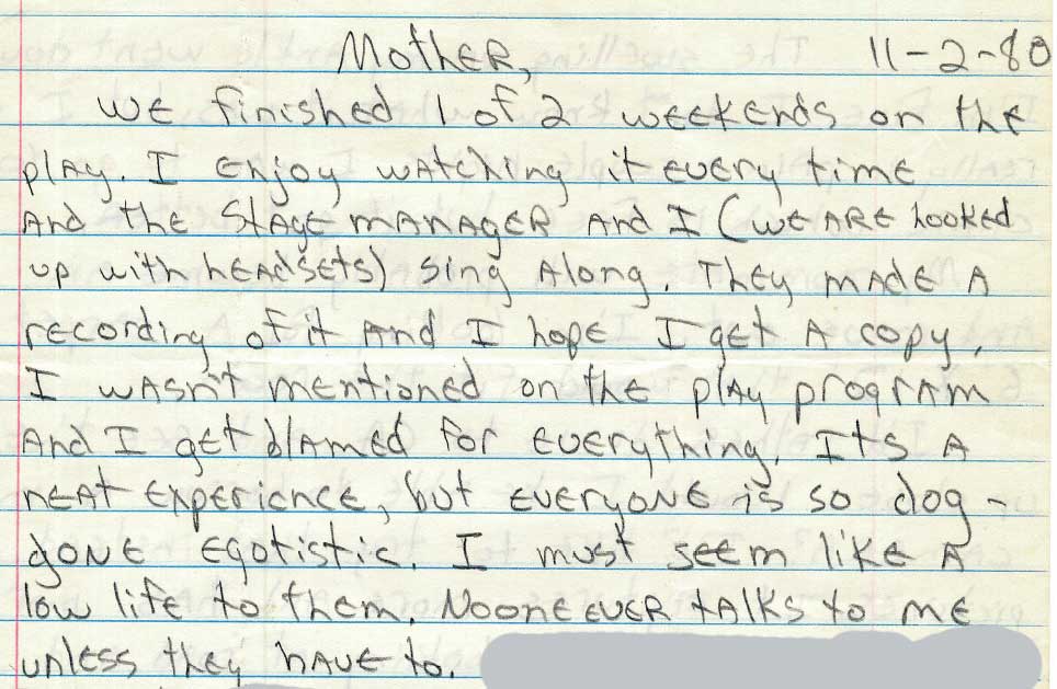 Part of a letter to my mom about my work with the lighting