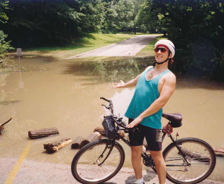 1993 - Flooded road in Babler State Park - a favorite place for road bike riders to train on hills