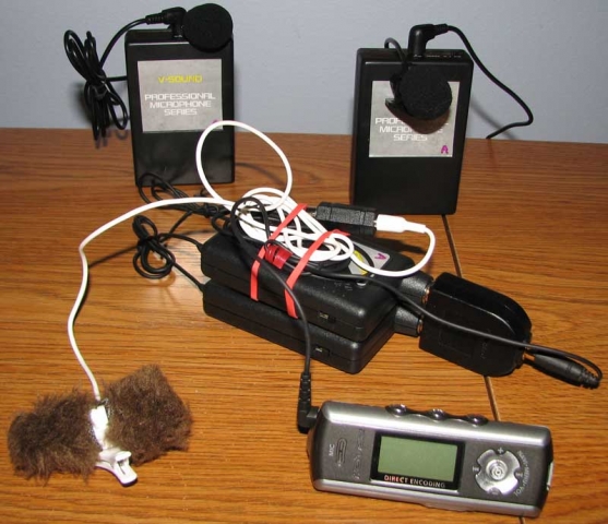 Very first remote audio recording configuration. iRiver mp3 player, two wireless V-Sound transmitter/receiver, Griffin stereo lapel mic, homemade deadcats
