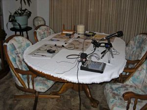 Podcast recording setup in dining room