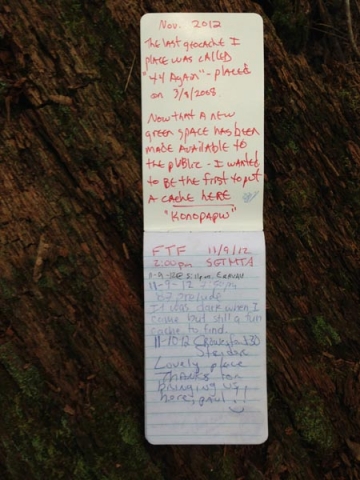 First page of one of my geocache log books. Cache called "44 Again". This is another geocache that I placed on the MDC Forest 44 Conservation Area.