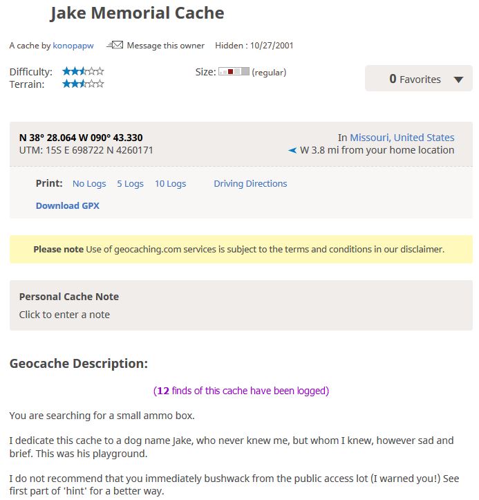 Jake Memorial Geocache description