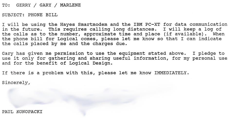 1984. Email to LDC regarding my personal use of the modem and phone line