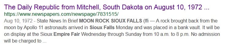 August, 1972 - Article about moon rock exhibit at Sioux Empire Fair