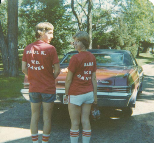 1977 - Me and sister Barb with our "WD Danes" softball league shirts on our way to a game.