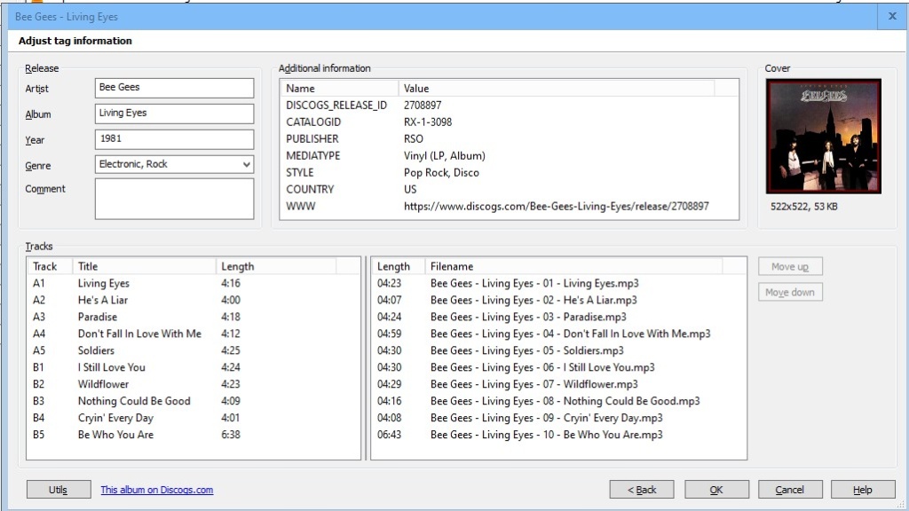 Discogs.com internet lookup by Artist and Album in mp3Tag. All data on left will be put into metadata tags in my associated music files on the right.