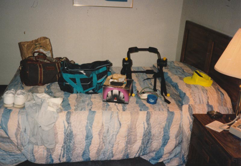 July 3, 1991 - Rend Lake, Illinois - Gear and luggage on motel bed. Day 1 of ride starts tomorrow.